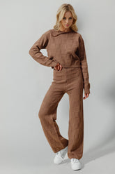 Double Take Full Size Checkered Round Neck Top and Pants Set Brown OutfitFlow